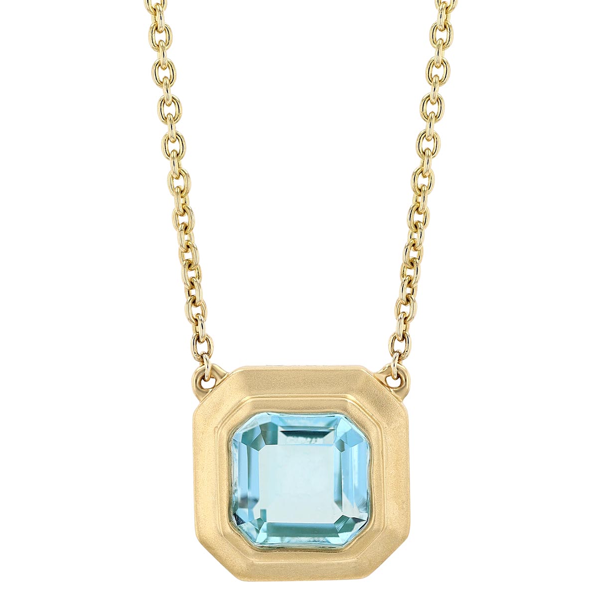 Doves Square Step Cut Light Blue Topaz Bezel Set Pendant in Yellow Gold, 18