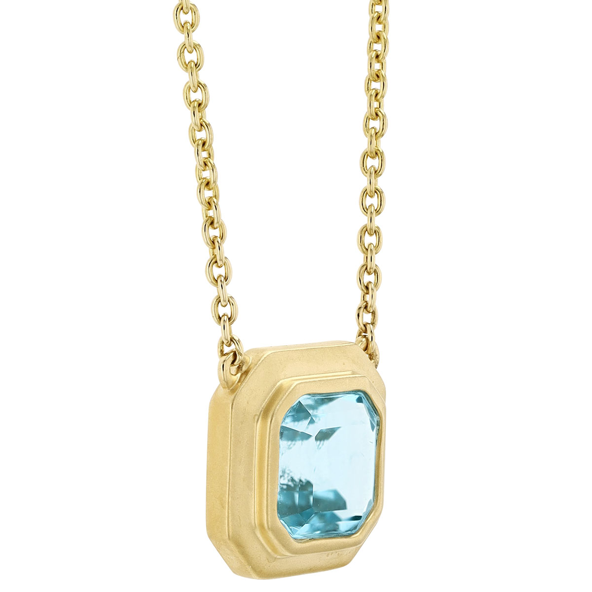 Doves Square Step Cut Light Blue Topaz Bezel Set Pendant in Yellow Gold, 18