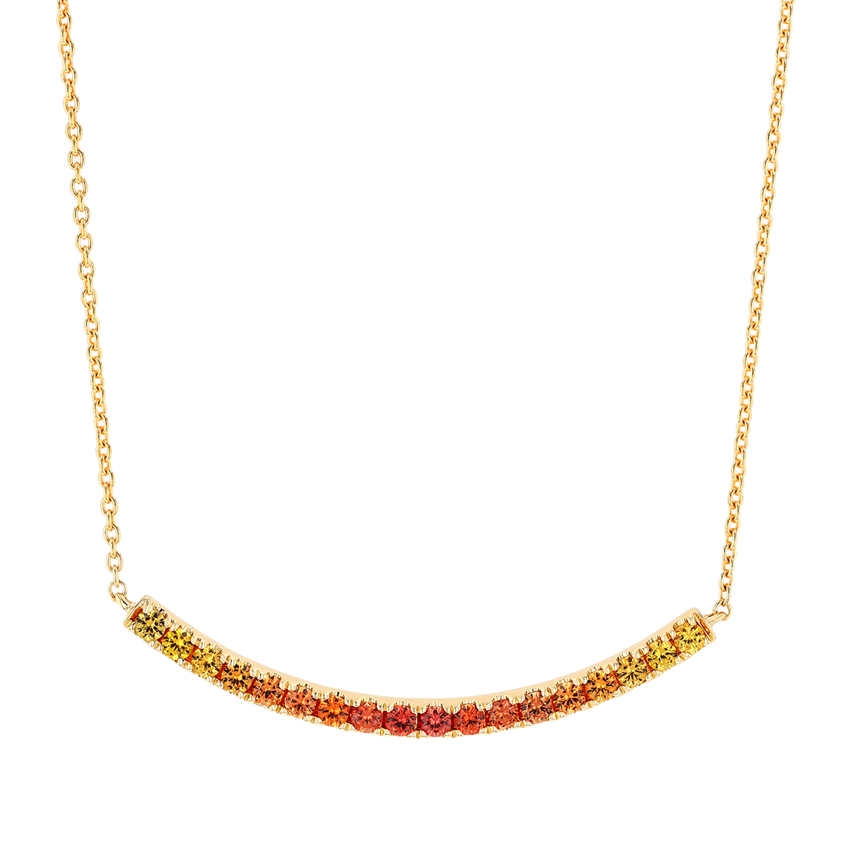 Yellow & Orange Sapphire Ombre Curved Bar Necklace in Yellow Gold, 18