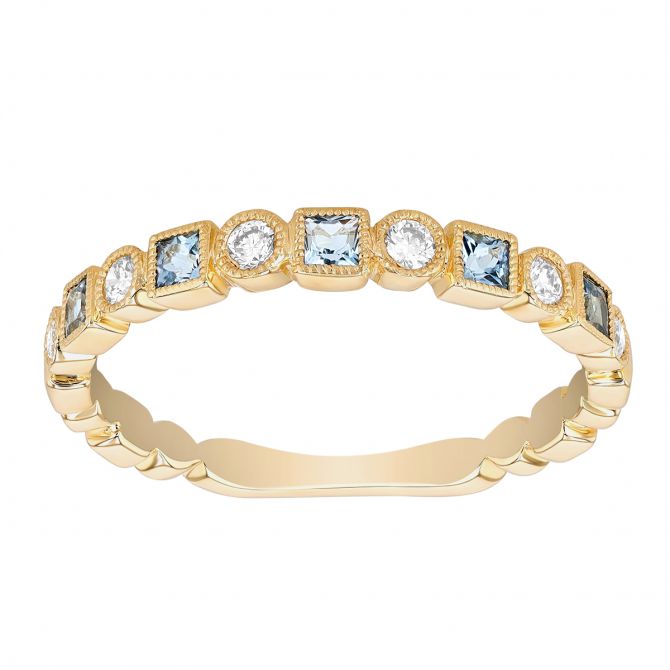 Princess Cut Aquamarine & Diamond Geometric Pattern Ring in Yellow Gold