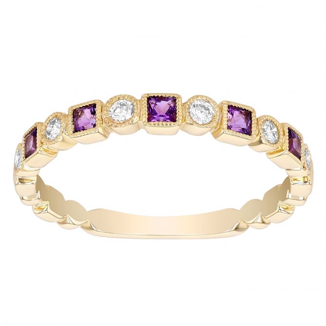Princess Cut Amethyst & Diamond Geometric Pattern Ring in Yellow Gold