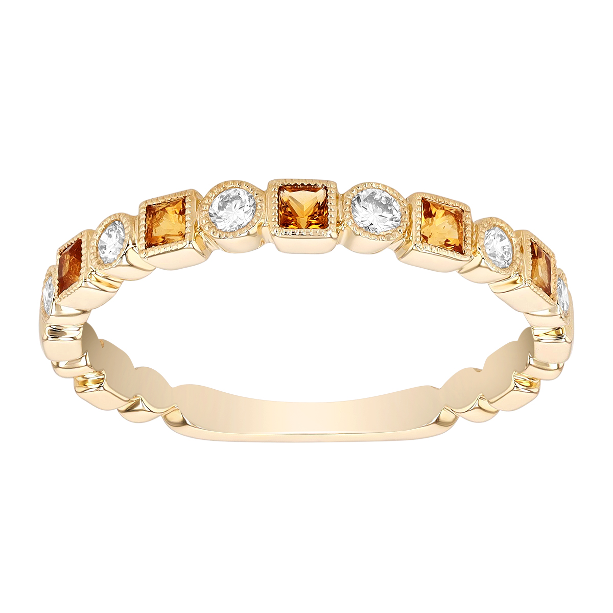 Princess Cut Citrine & Diamond Geometric Pattern Ring in Yellow Gold