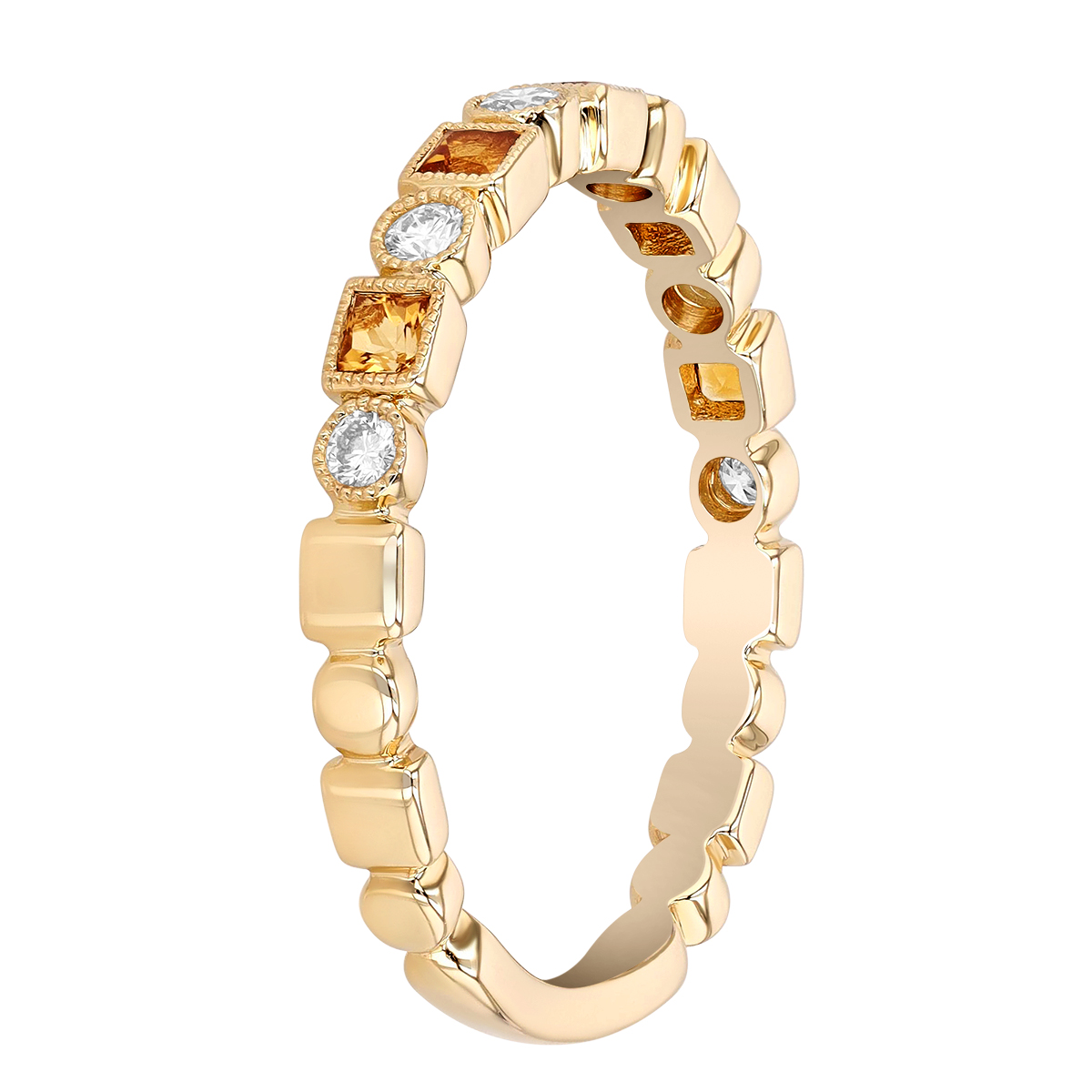Princess Cut Citrine & Diamond Geometric Pattern Ring in Yellow Gold