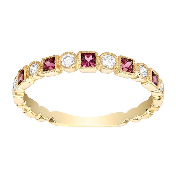 Princess Cut Rhodolite Garnet & Diamond Geometric Pattern Ring in Yellow Gold