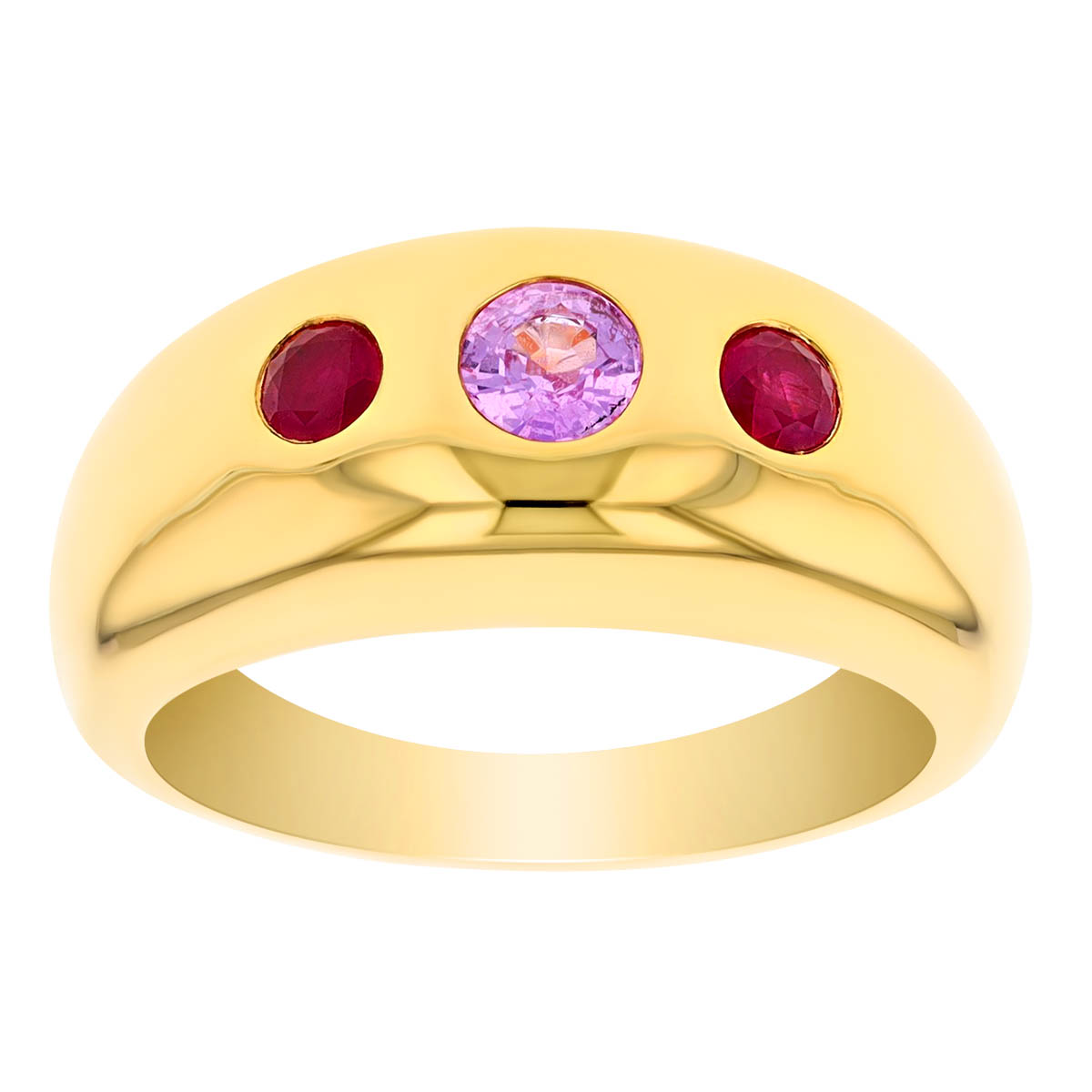 Pink Sapphire Flush Set Trio Ring in Yellow Gold