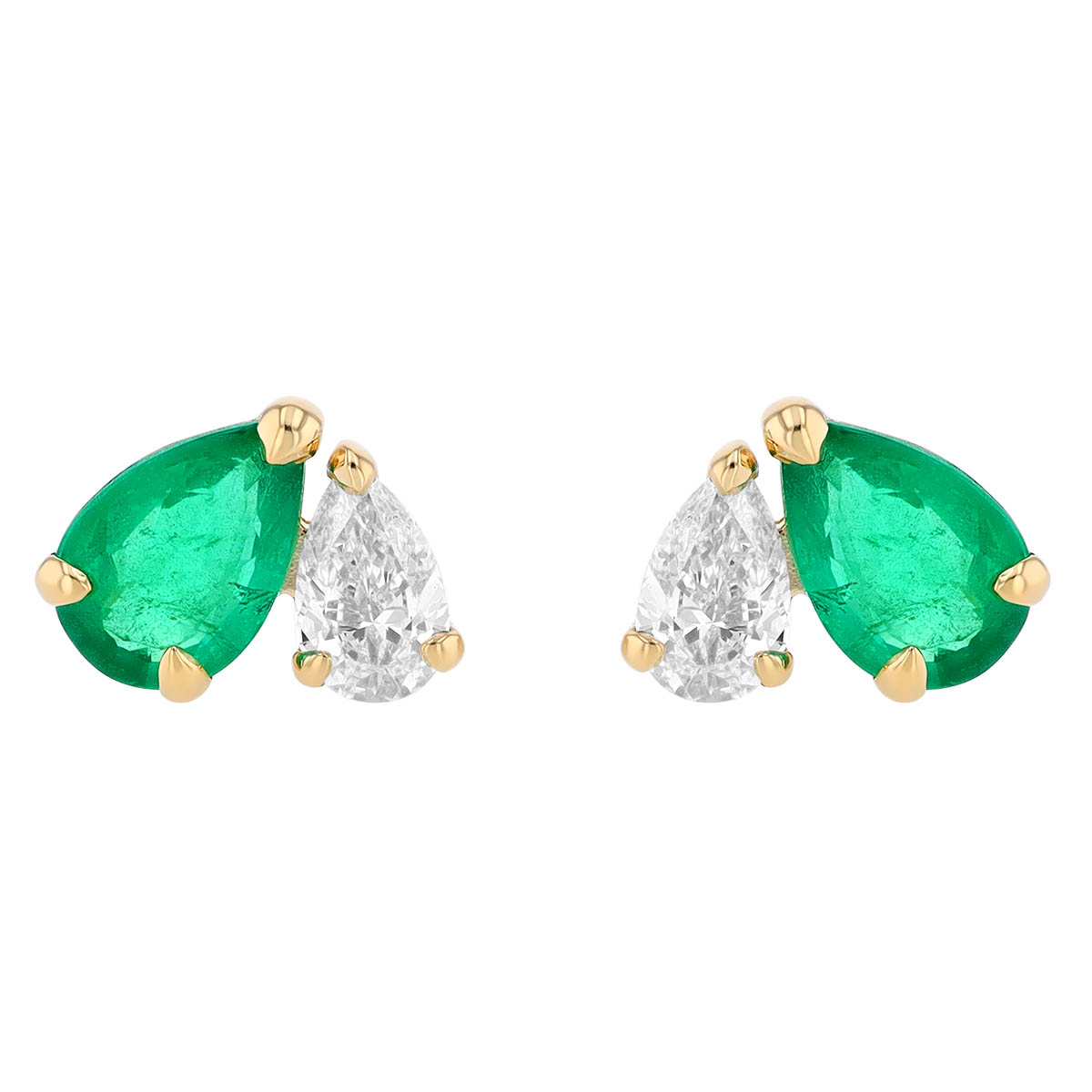 Pear Shaped Emerald & Diamond Duo Stud Earrings in Yellow Gold