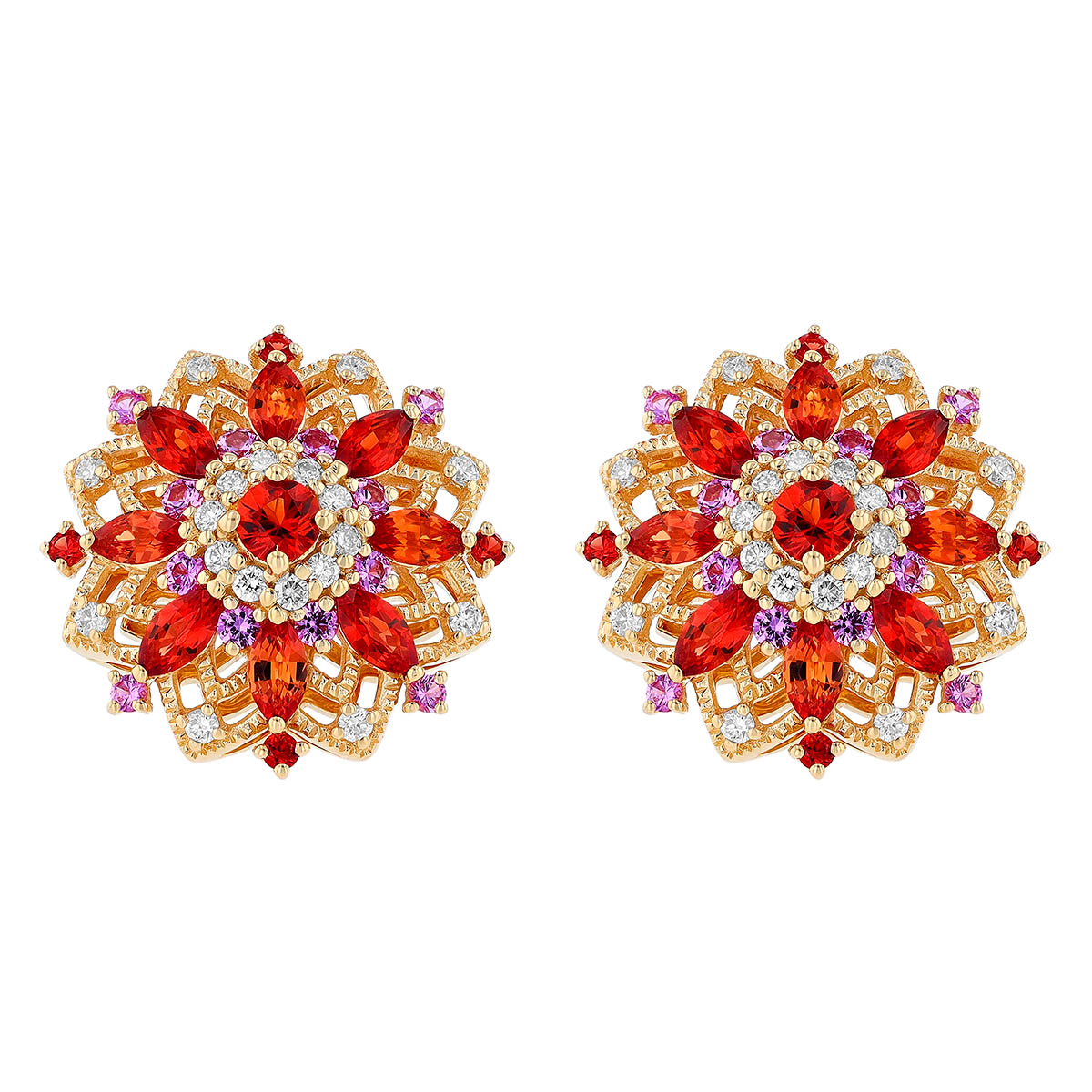Orange & Pink Multi-Shaped Sapphire & Round Diamond Floral Stud Earrings in Yellow Gold