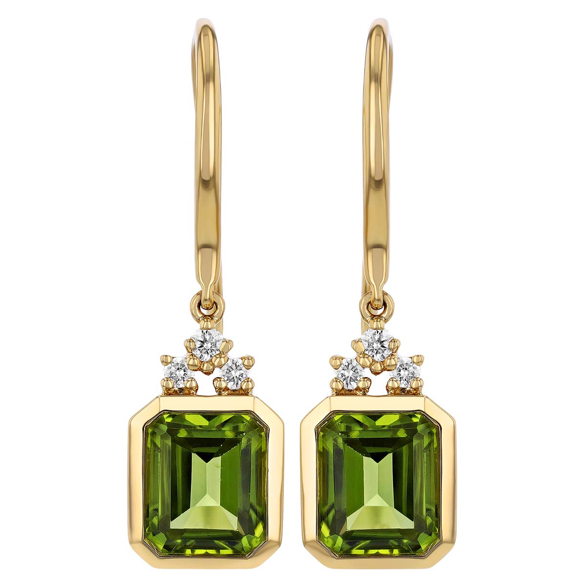 Emerald Cut Peridot & Diamond Bezel Set Drop Earrings in Yellow Gold