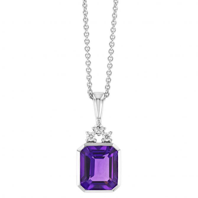 Emerald Cut Amethyst & Diamond Bezel Set Pendant in White Gold, 18"