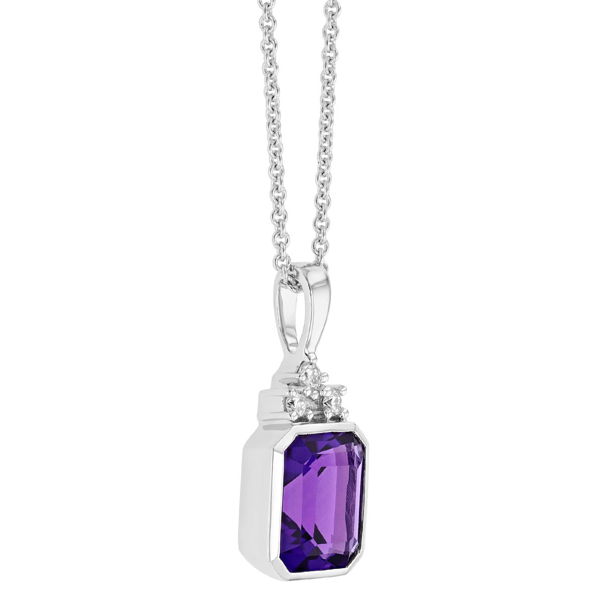 Emerald Cut Amethyst & Diamond Bezel Set Pendant in White Gold, 18