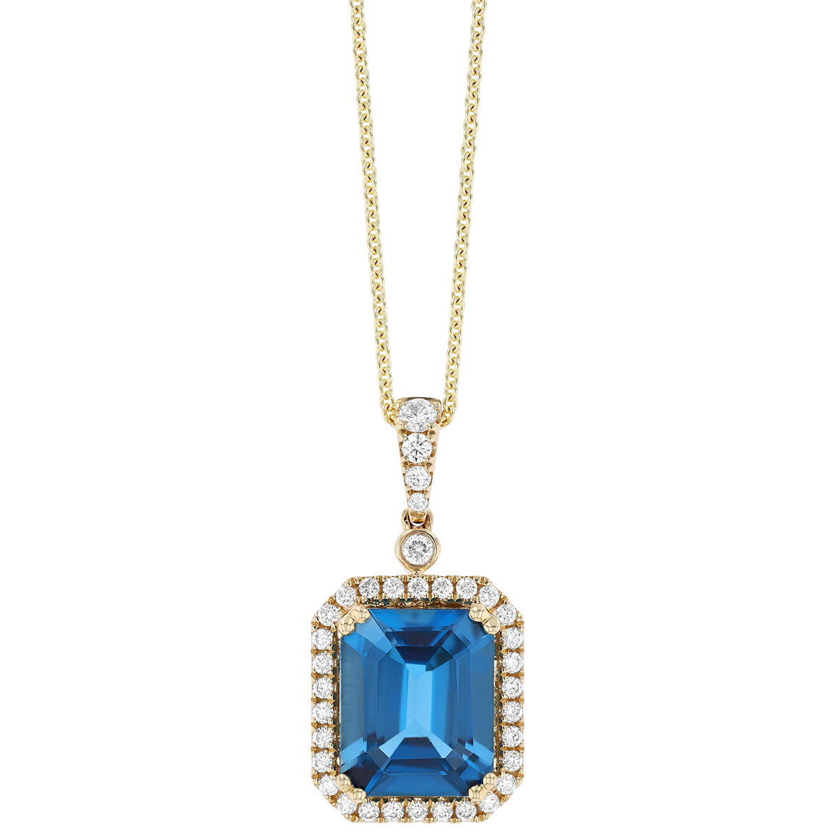 Emerald Cut Topaz & Diamond Halo Pendant in Yellow Gold, 18