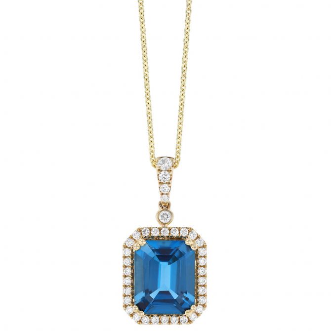 Emerald Cut Topaz & Diamond Halo Pendant in Yellow Gold, 18"