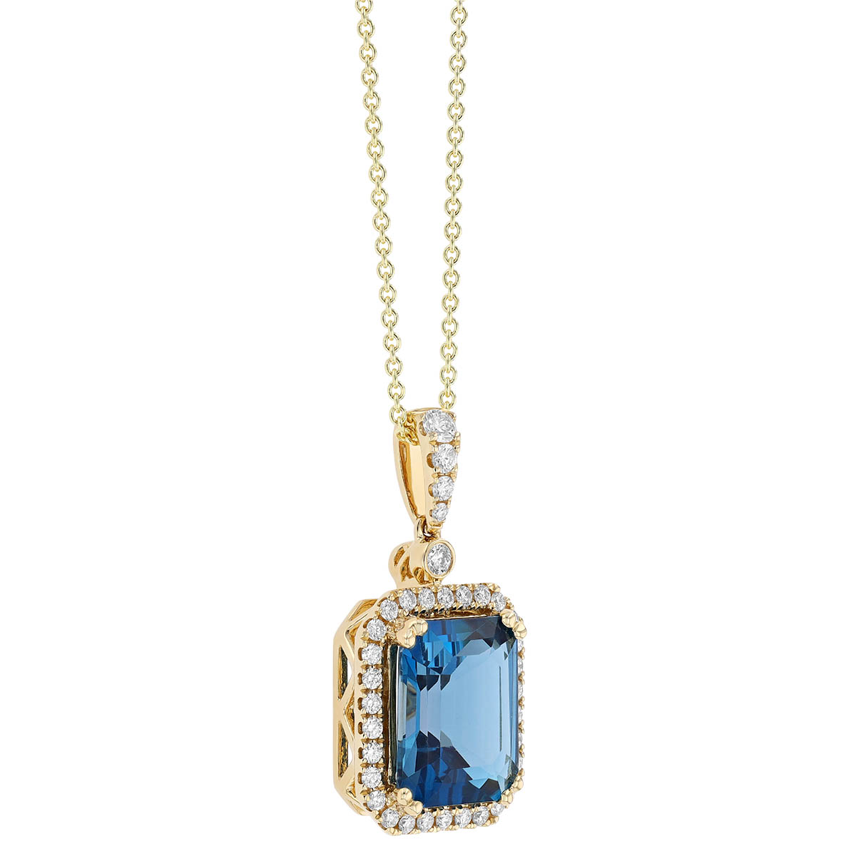 Emerald Cut Topaz & Diamond Halo Pendant in Yellow Gold, 18