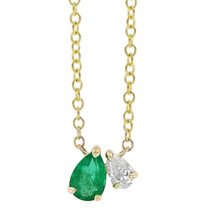 Pear Shaped Emerald & Diamond Duo Pendant in Yellow Gold, 18"