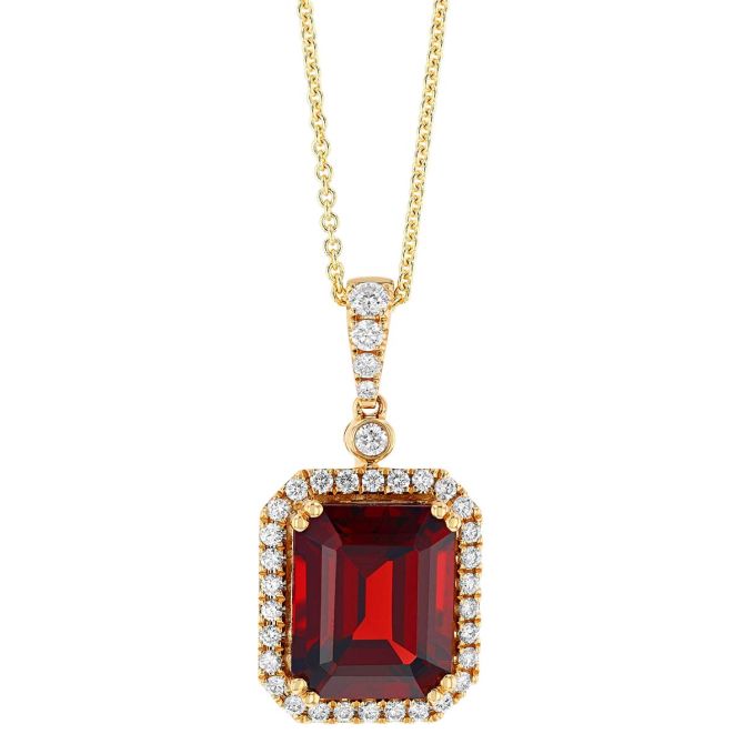 Emerald Cut Ruby & Diamond Halo Pendant in Yellow Gold, 18"