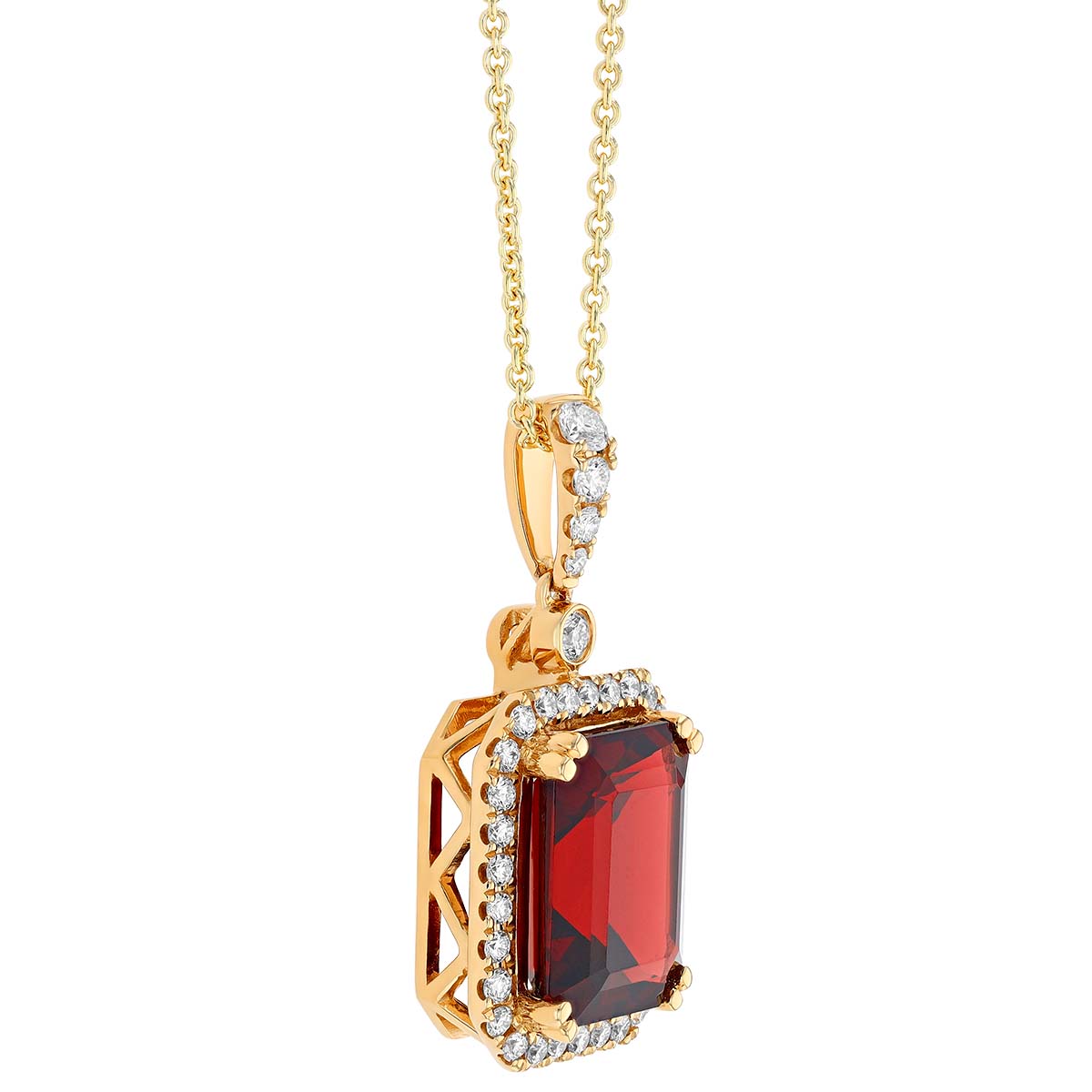 Emerald Cut Ruby & Diamond Halo Pendant in Yellow Gold, 18