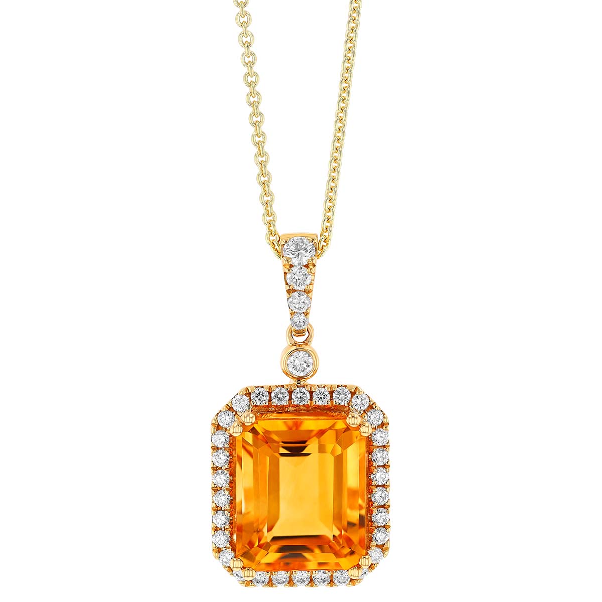Emerald Cut Citrine & Diamond Halo Pendant in Yellow Gold, 18