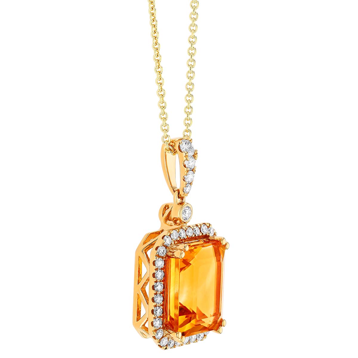 Emerald Cut Citrine & Diamond Halo Pendant in Yellow Gold, 18