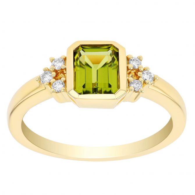 Emerald Cut Peridot & Diamond Cluster Ring in Yellow Gold