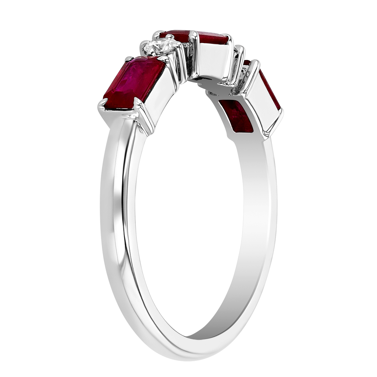 Emerald Cut Ruby & Round Diamond Ring in White Gold