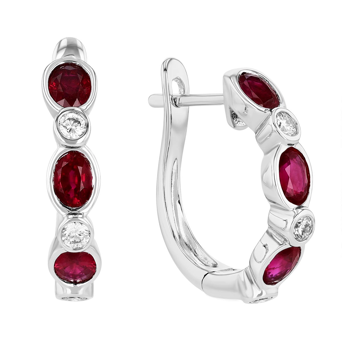 Oval Ruby Round Diamond Bezel Set Hoop Earrings in White Gold