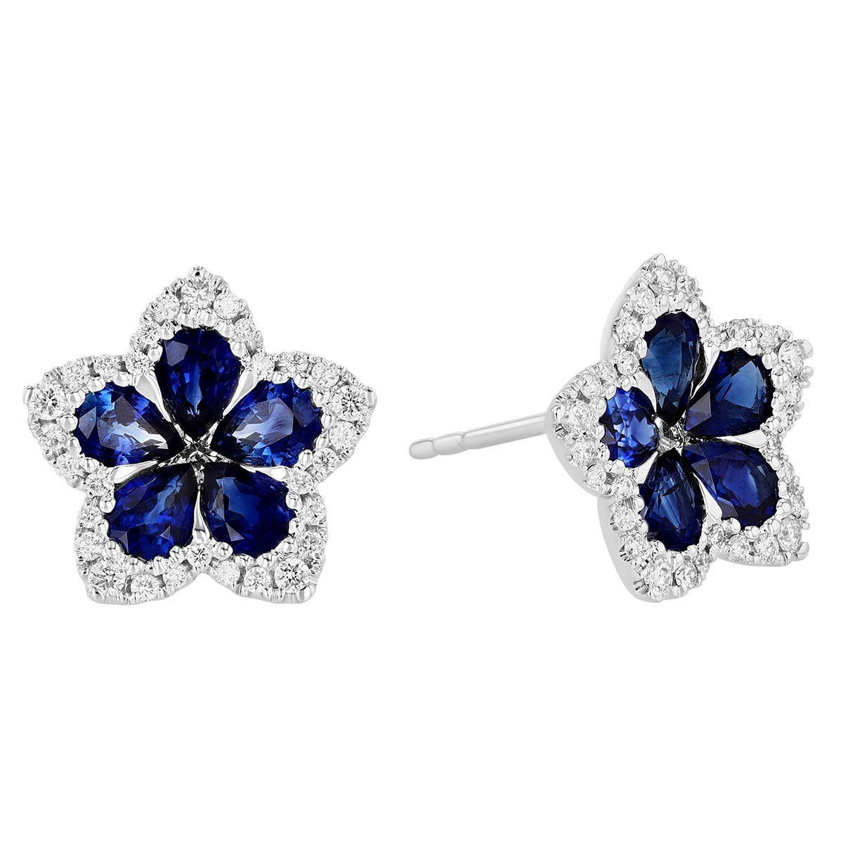 Pear Shaped Sapphire & Diamond Halo Flower Stud Earrings in White Gold