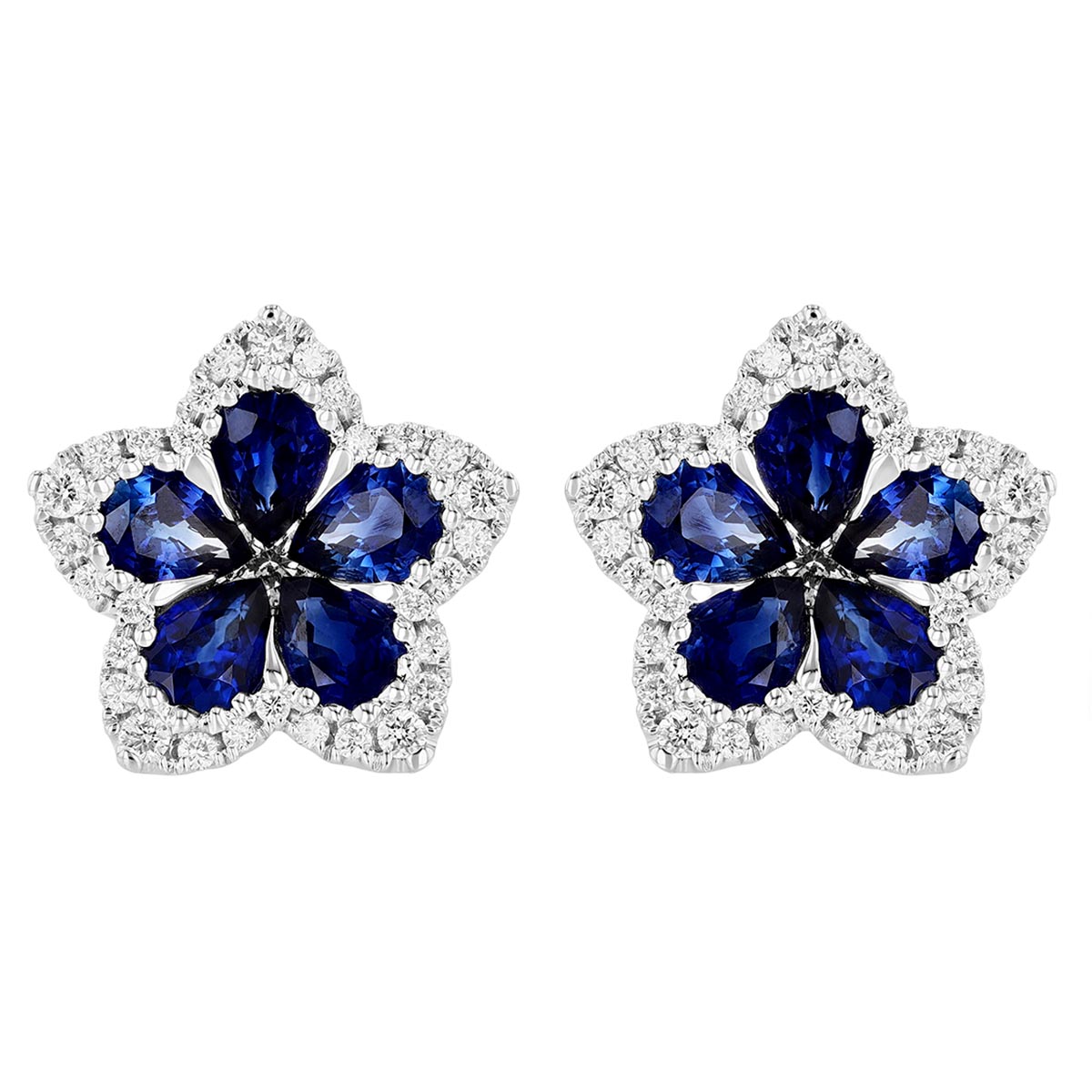 Pear Shaped Sapphire & Diamond Halo Flower Stud Earrings in White Gold
