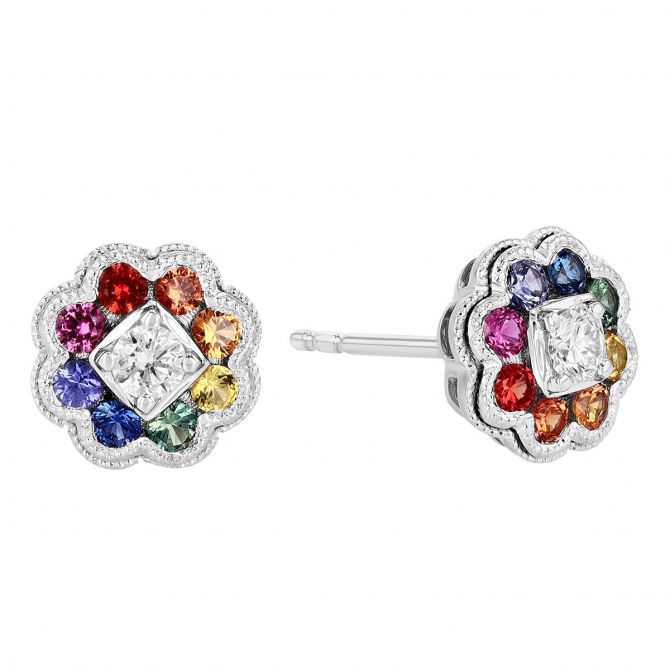 Multicolored Sapphire & Diamond Floral Stud Earrings in White Gold