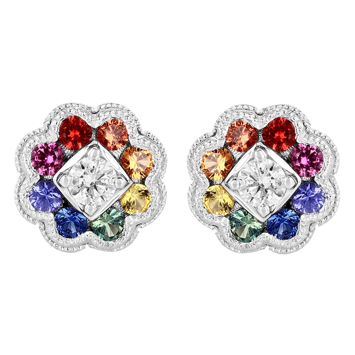 Multicolored Sapphire & Diamond Floral Stud Earrings in White Gold