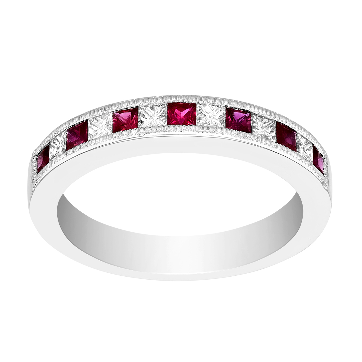 Princess Cut Ruby & Diamond Channel Set Ring in White Gold