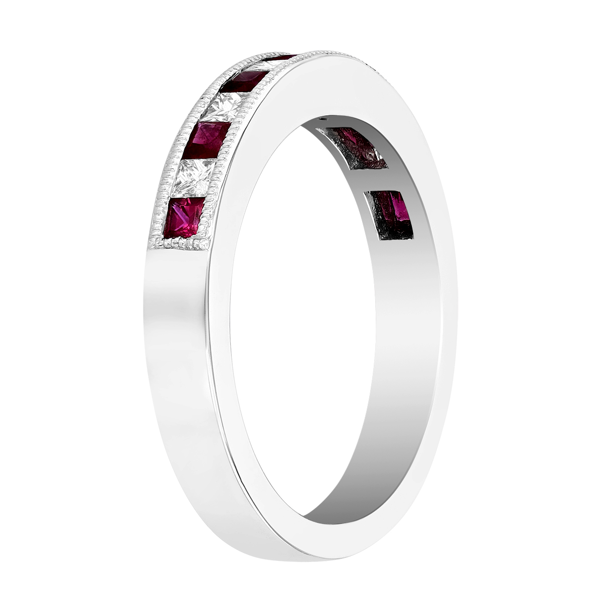 Princess Cut Ruby & Diamond Channel Set Ring in White Gold