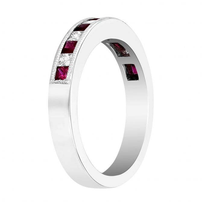 Princess Cut Ruby & Diamond Channel Set Ring in White Gold