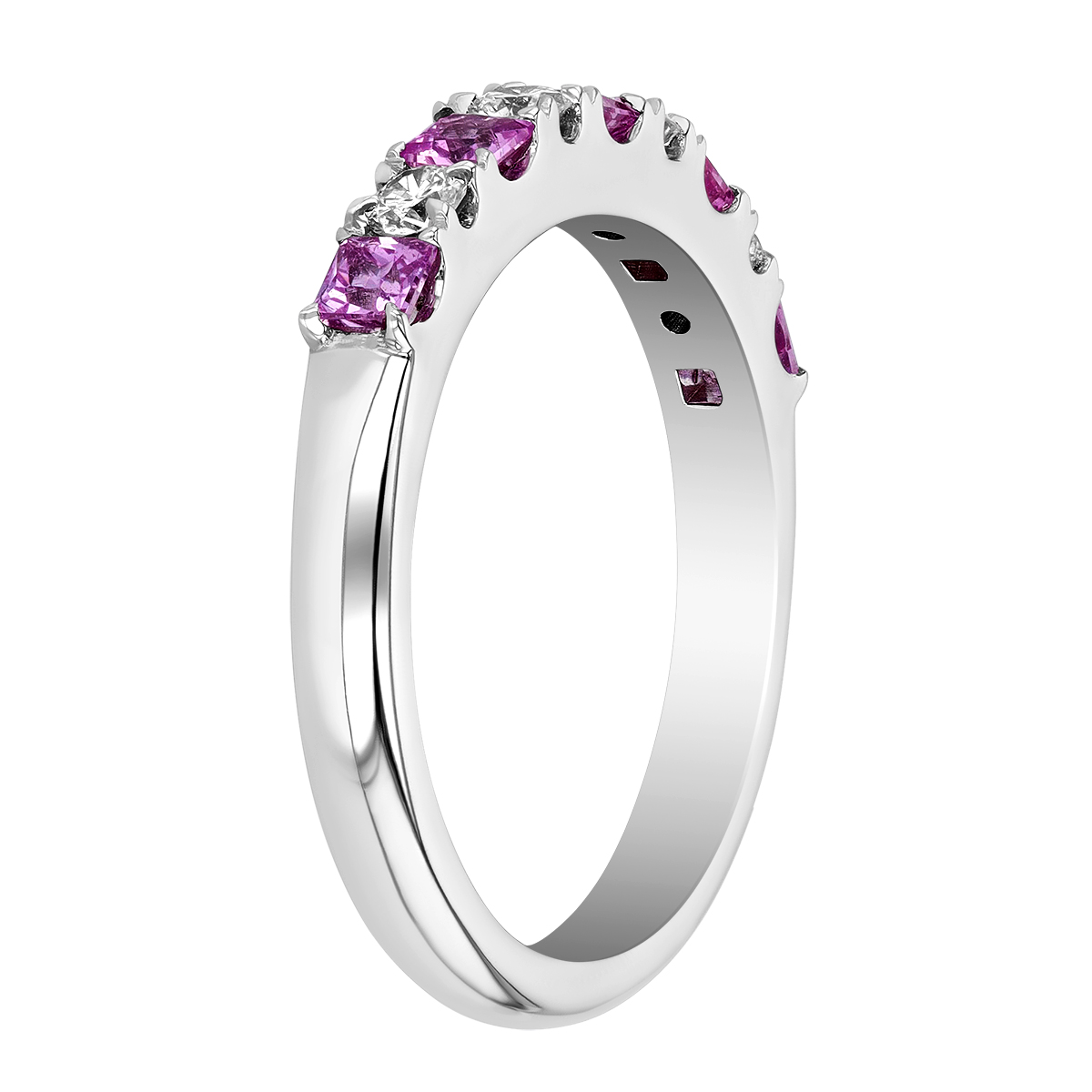 Princess Cut Pink Sapphire & Round Diamond Alternating Pattern Ring in White Gold