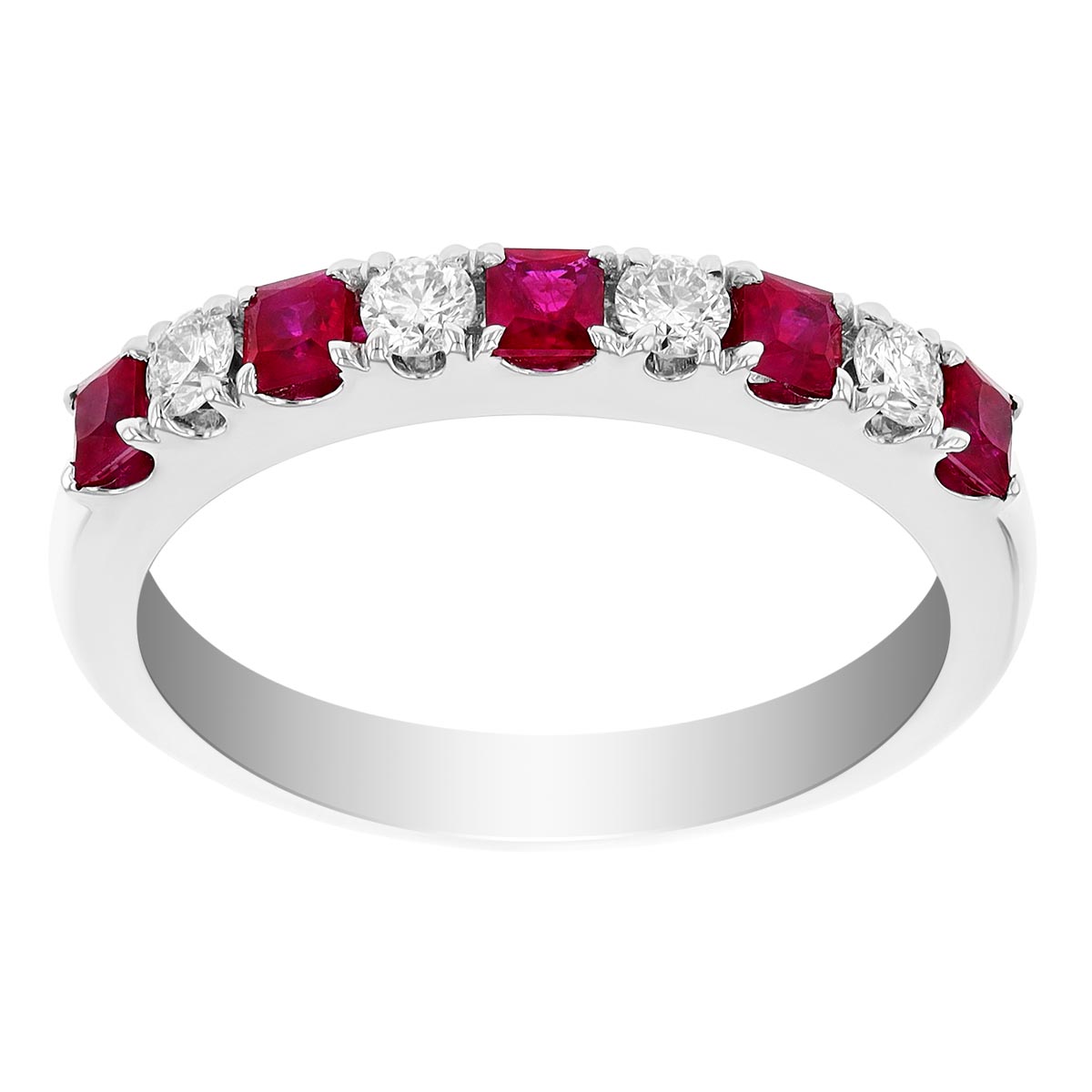 Princess Cut Ruby & Round Diamond Alternating Pattern Ring in White Gold