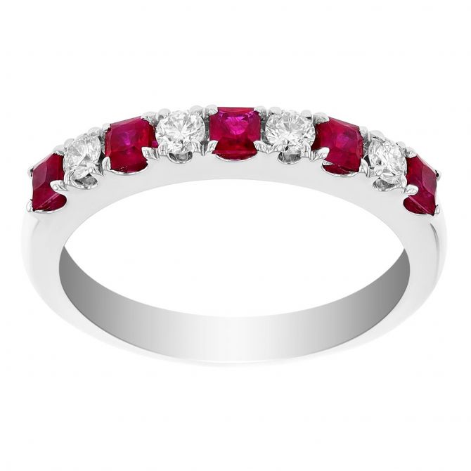 Princess Cut Ruby & Round Diamond Alternating Pattern Ring in White Gold