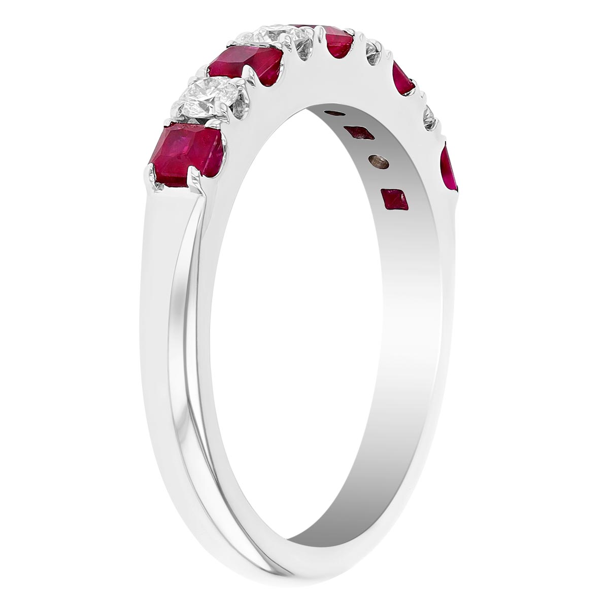 Princess Cut Ruby & Round Diamond Alternating Pattern Ring in White Gold