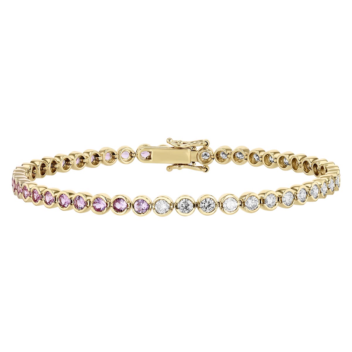 Pink Sapphire & Diamond Bezel Set Tennis Bracelet in Yellow Gold, 7