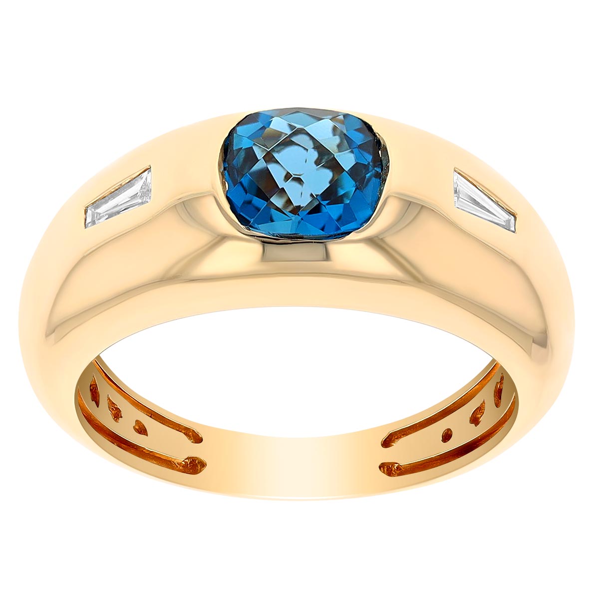 Cushion Checkerboard Topaz & Tapered Baguette Diamond Side Stone Flush Set Ring in Yellow Gold