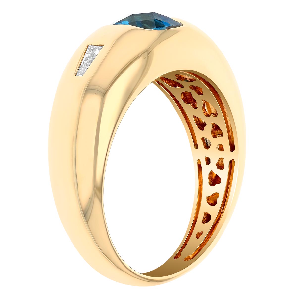 Cushion Checkerboard Topaz & Tapered Baguette Diamond Side Stone Flush Set Ring in Yellow Gold