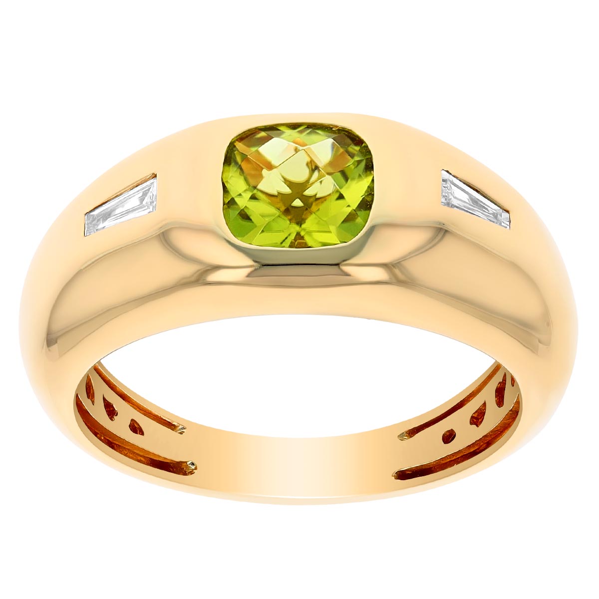 Cushion Checkerboard Peridot & Tapered Baguette Diamond Side Stone Flush Set Ring in Yellow Gold