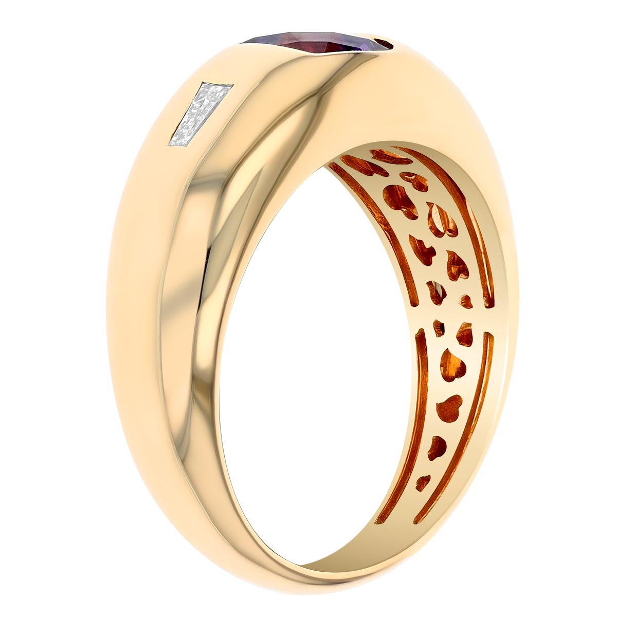 Cushion Checkerboard Amethyst & Tapered Baguette Diamond Side Stone Flush Set Ring in Yellow Gold