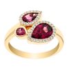 Pear Shaped Rhodolite Garnet & Diamond Halo 3 Stone Ring in Yellow Gold