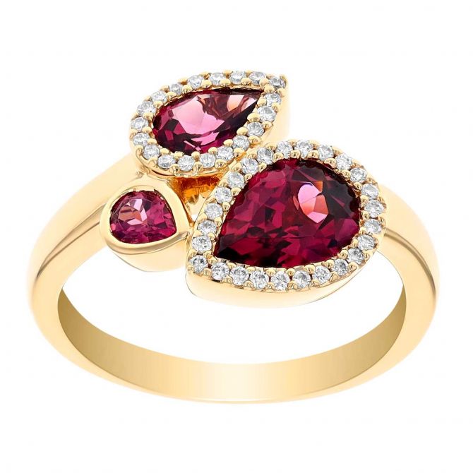 Pear Shaped Rhodolite Garnet & Diamond Halo 3 Stone Ring in Yellow Gold