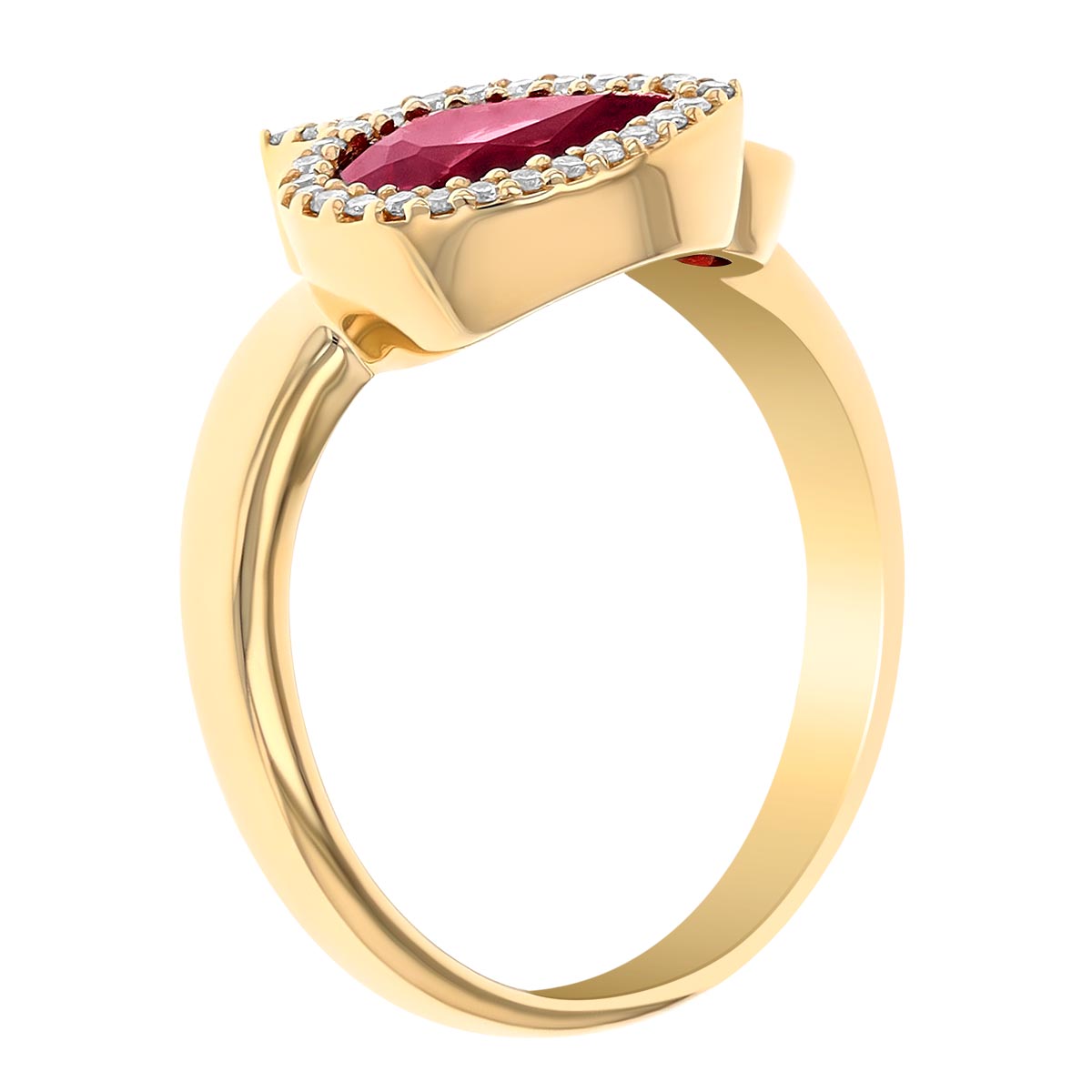 Pear Shaped Rhodolite Garnet & Diamond Halo 3 Stone Ring in Yellow Gold