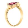 Pear Shaped Rhodolite Garnet & Diamond Halo 3 Stone Ring in Yellow Gold