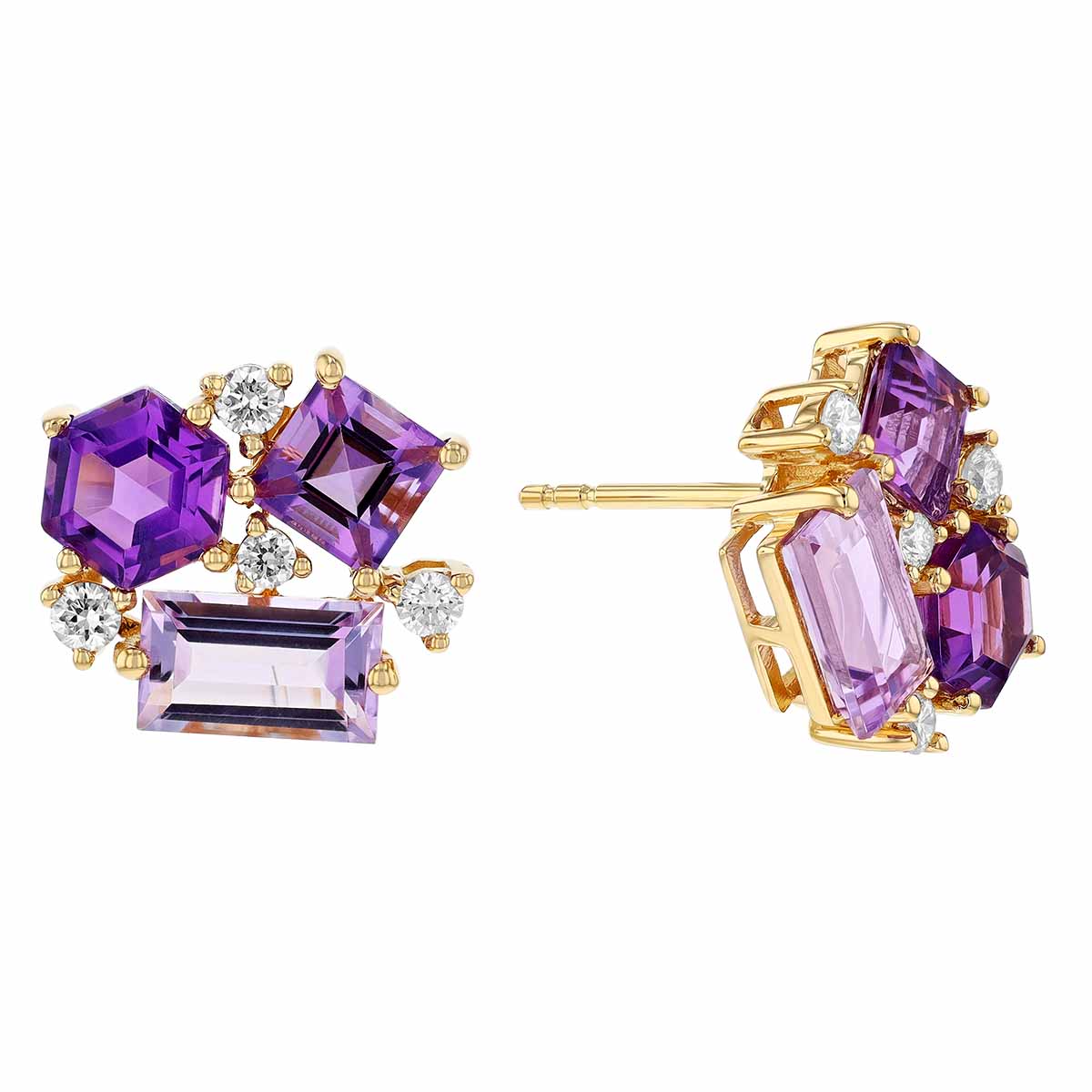 Multi-Shape Amethyst & Round Diamond Cluster Stud Earrings in Yellow Gold