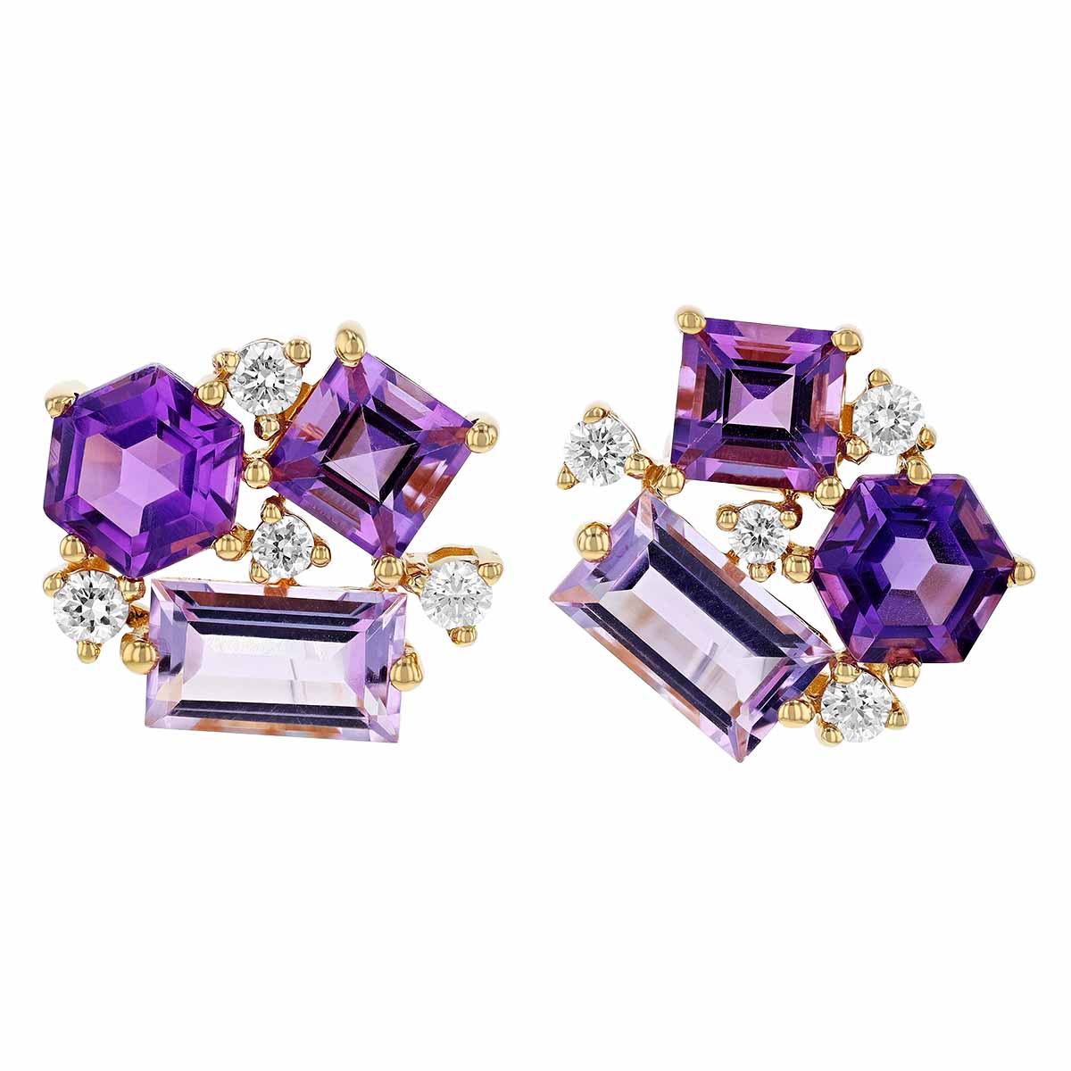 Multi-Shape Amethyst & Round Diamond Cluster Stud Earrings in Yellow Gold