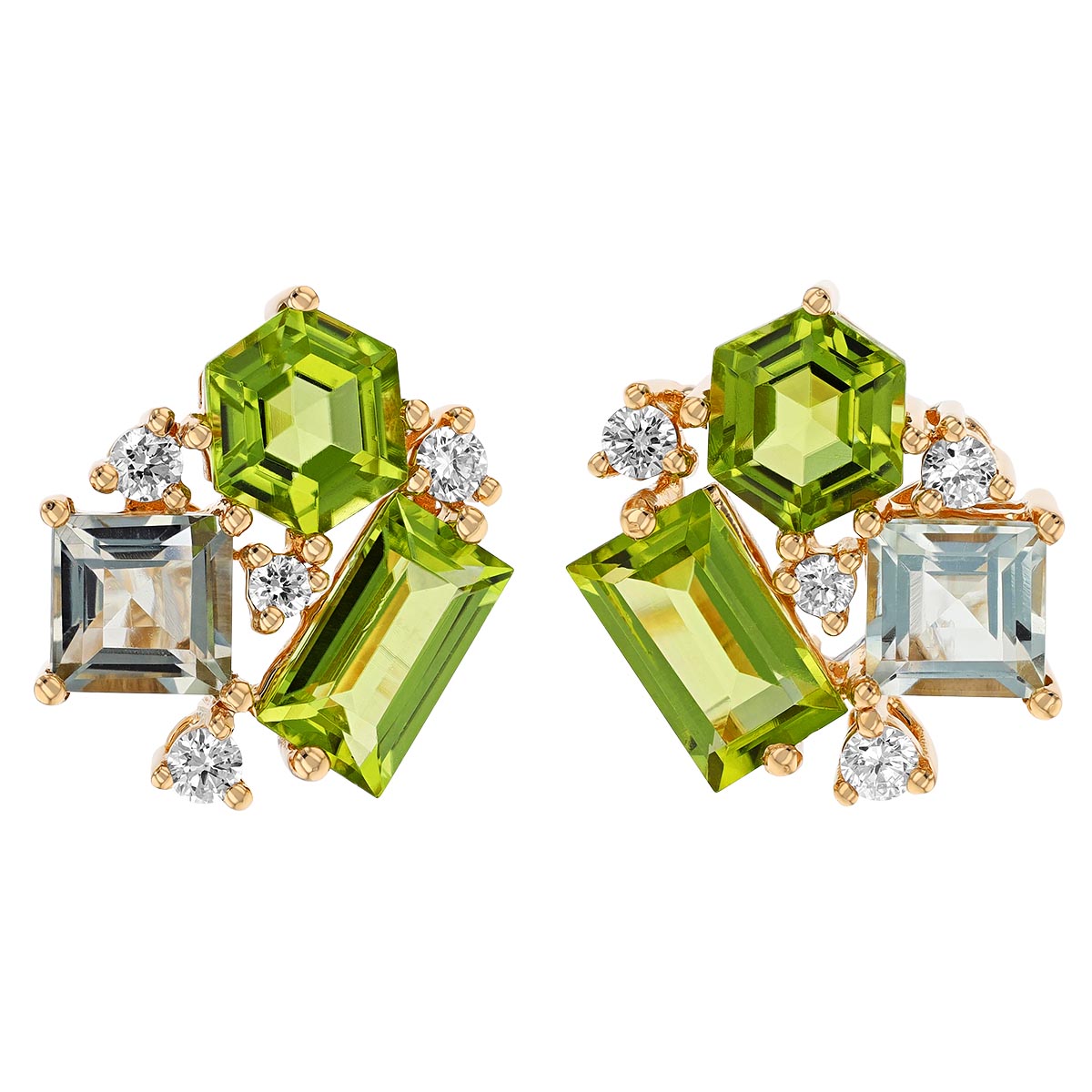 Multi-Shaped Mixed Gemstone & Diamond Cluster Stud Earrings in Yellow Gold