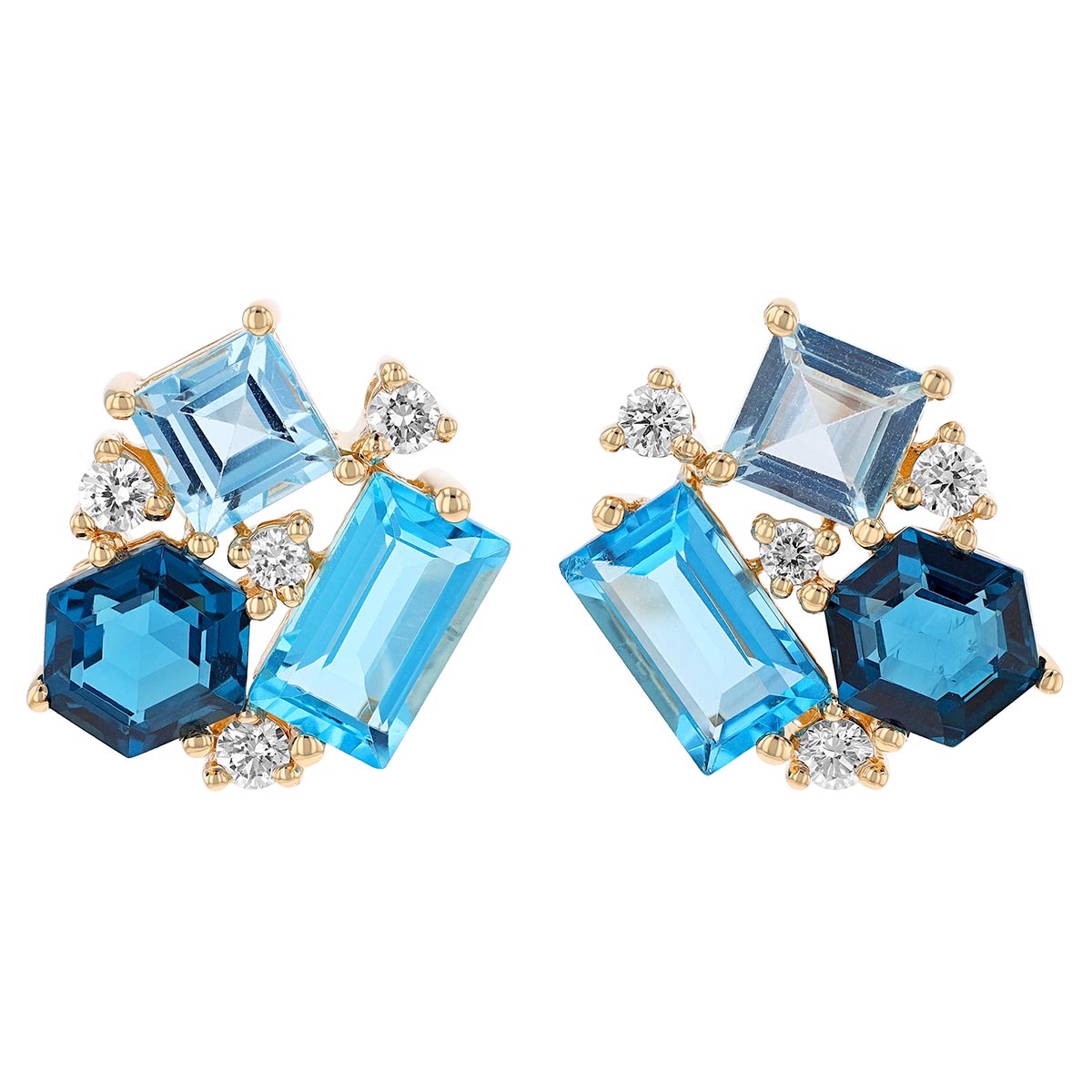 Multi-Shaped Topaz & Diamond Cluster Stud Earrings in Yellow Gold
