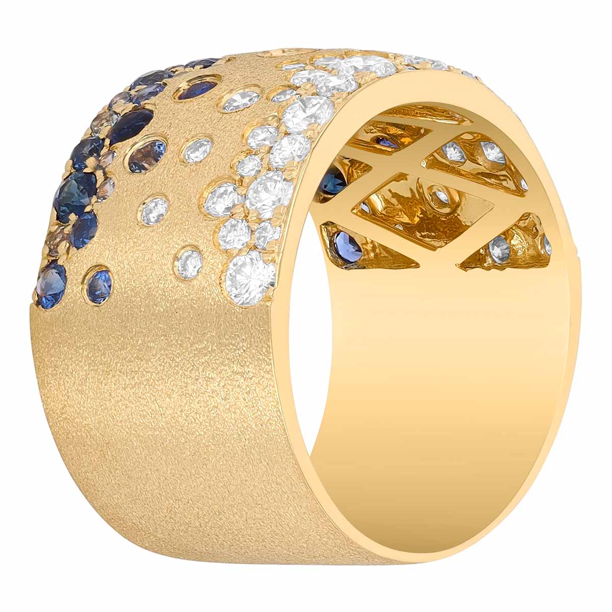 Flush Set Sapphire & Diamond Scatter Wide Band Ring in Yellow Gold